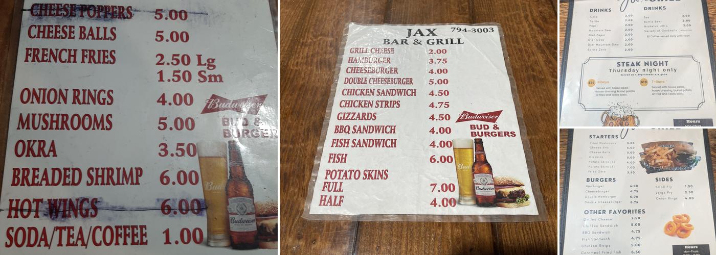 Jax Bar & Grill Menu