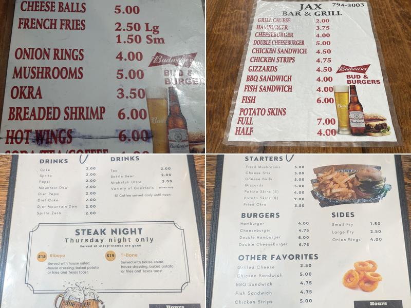 Jax Bar & Grill Menu