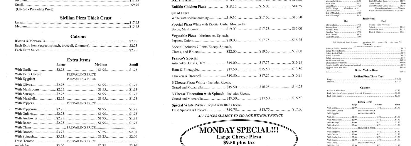 Franco's Pizza Menu
