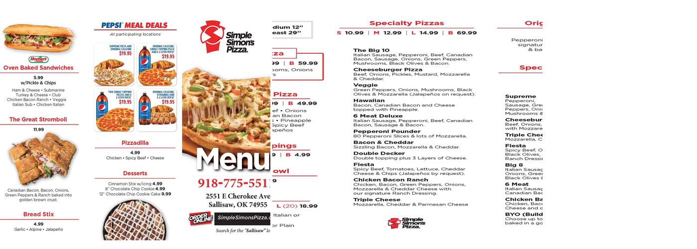 Simple Simon's Pizza Menu