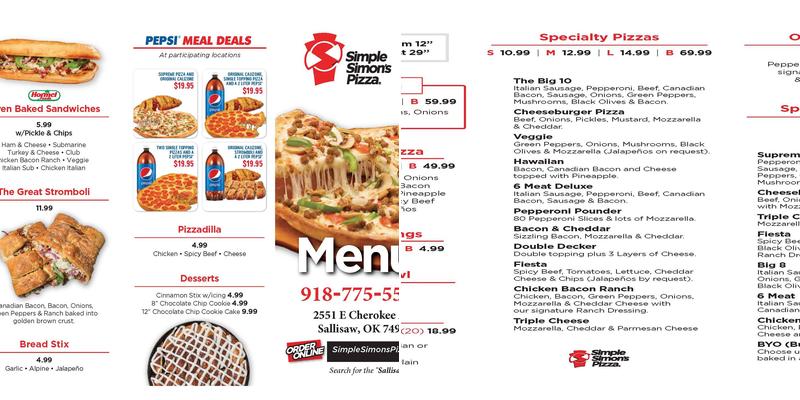 Simple Simon's Pizza Menu