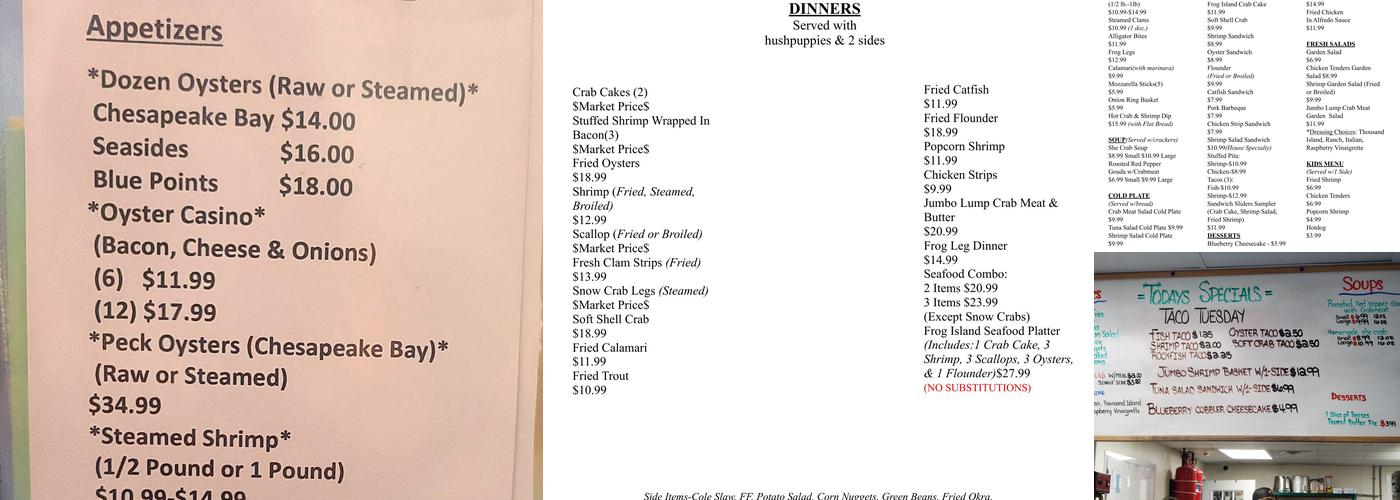Frog Island Seafood Inc Menu