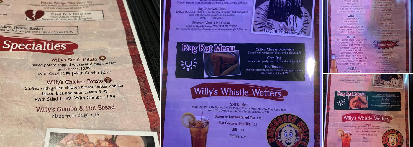 Warehouse Willy's Menu
