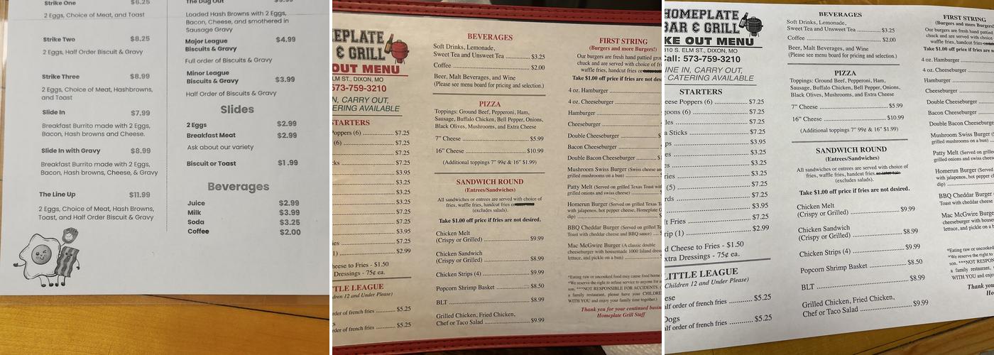 Homeplate Bar & Grill Menu