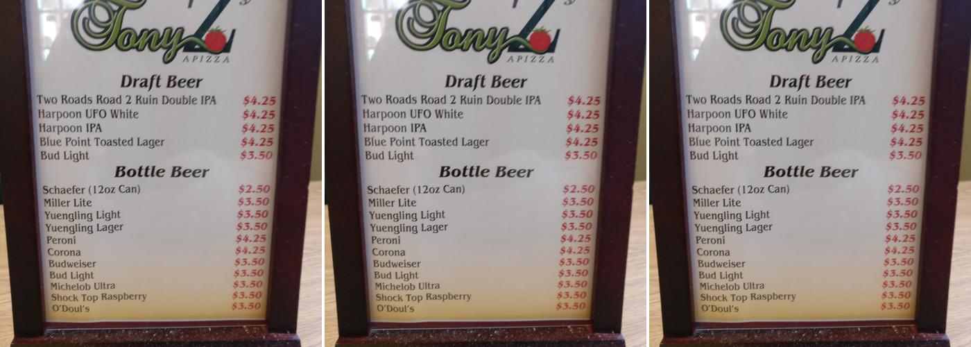 Tony Z's Pizza Menu