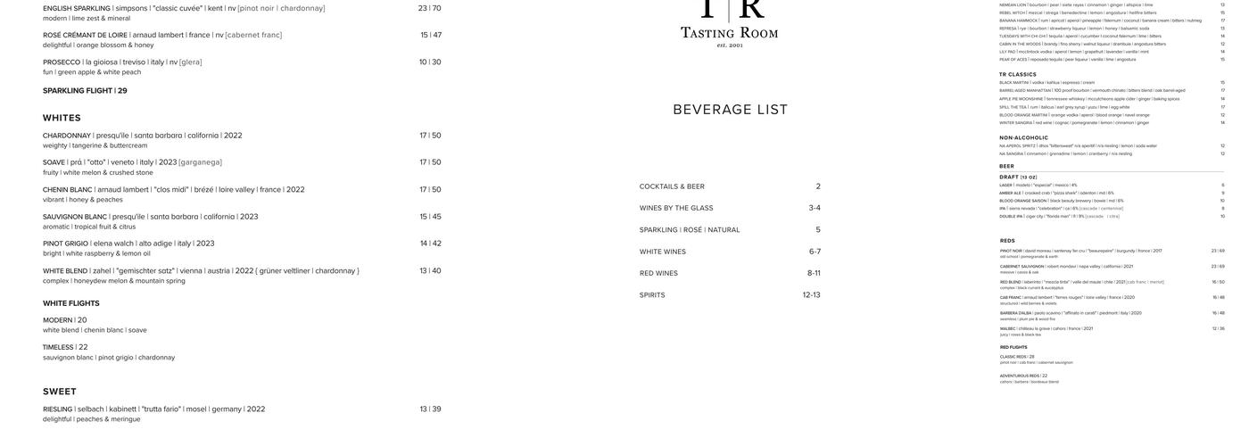 The Tasting Room Menu