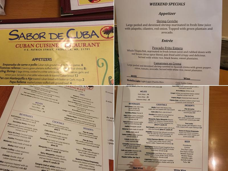Sabor De Cuba Menu