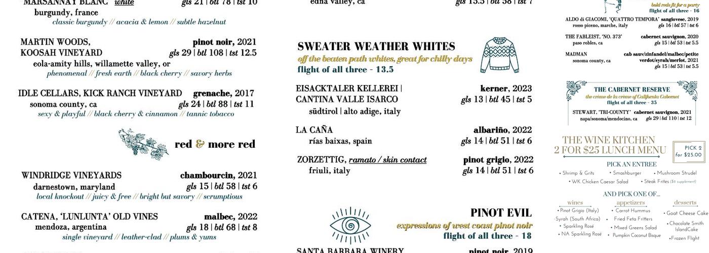 the Wine Kitchen on the Creek Menu