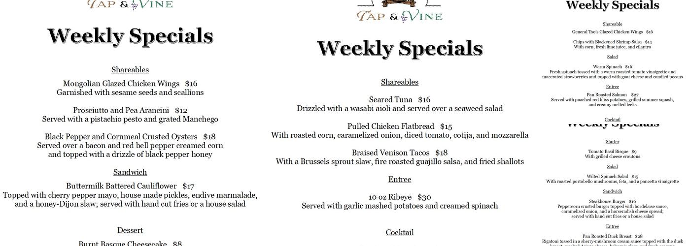 Tap & Vine Menu