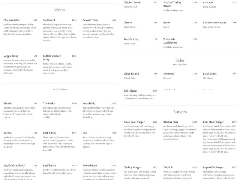 Blue Moon Cafe Menu
