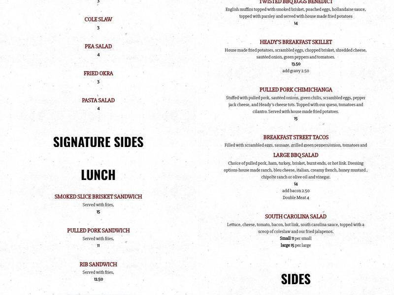 Heady Bar-B-Que Co. Menu
