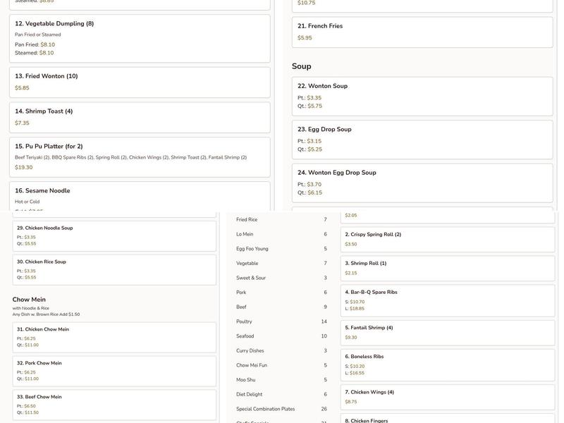 Great Wall Chinese Restaurant Menu