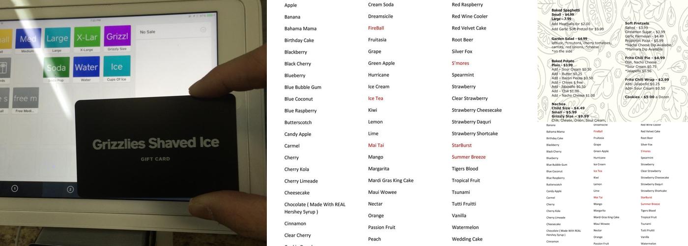 Grizzlies Shaved Ice Menu