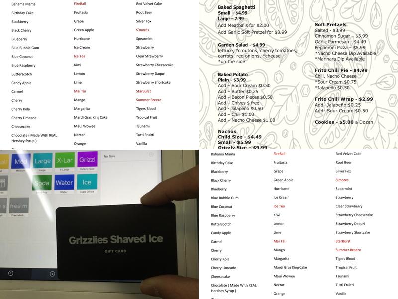 Grizzlies Shaved Ice Menu