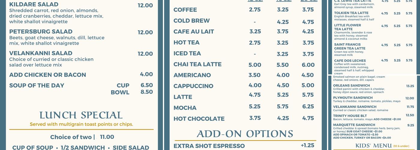 Trinity House Café Menu