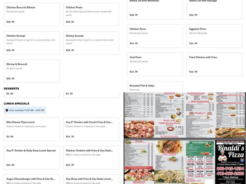 Rinaldi's Pizza Enfield CT Menu