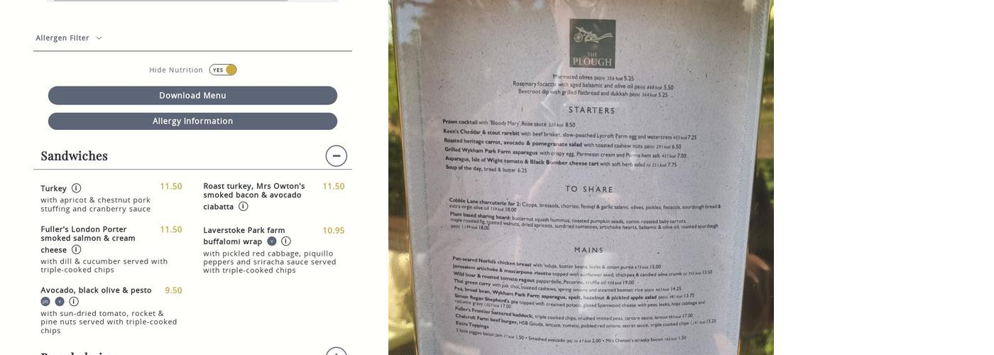 The Plough, East Sheen Menu