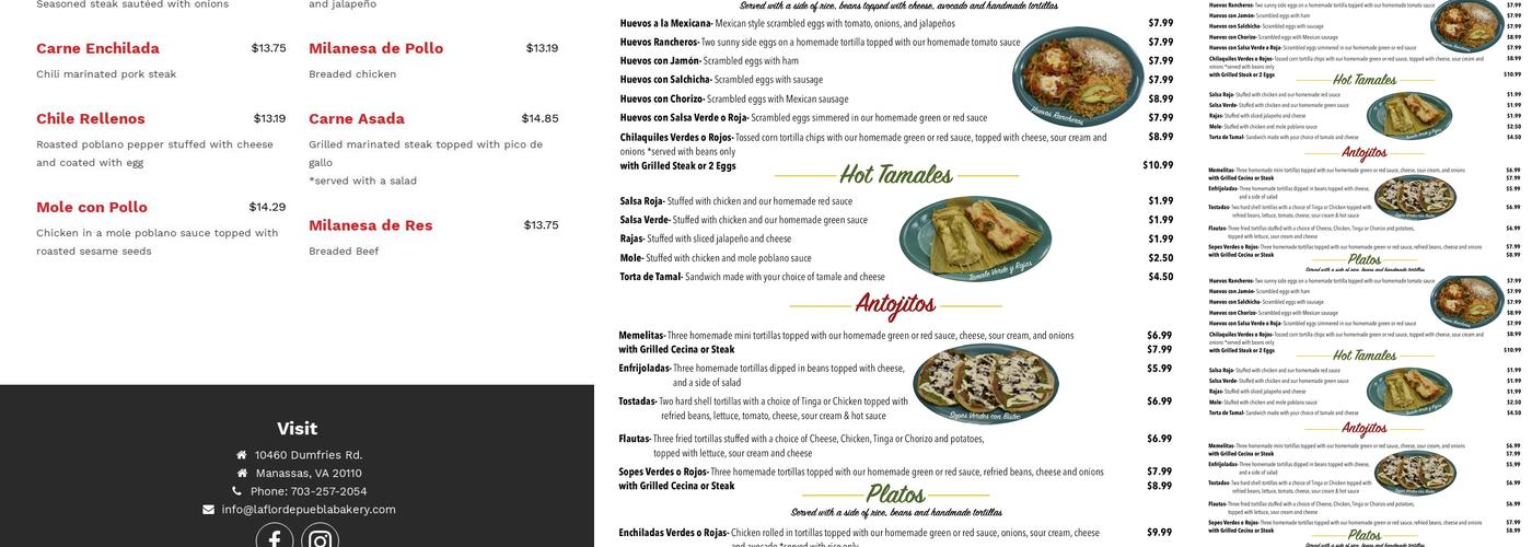La Flor De Puebla Bakery Menu
