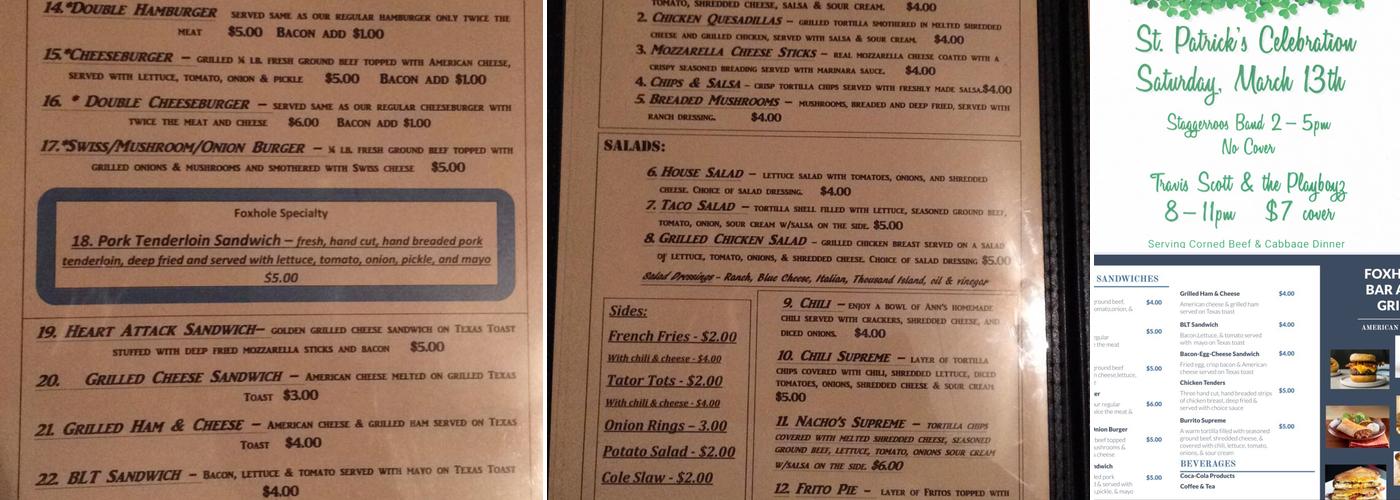 Foxhole Bar and Grill Menu