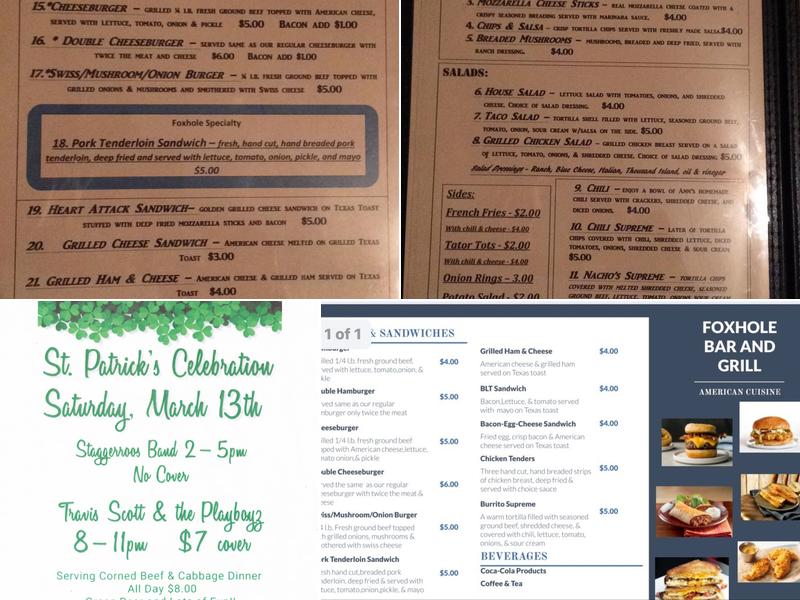Foxhole Bar and Grill Menu