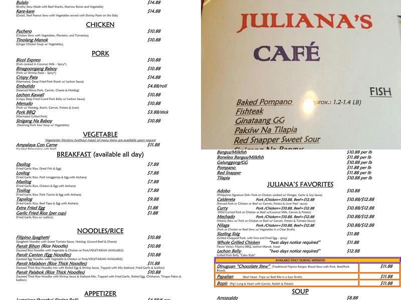 Julianas Cafe Menu