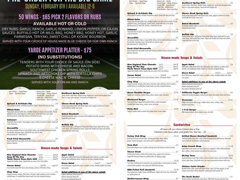 The Yarde Tavern Menu