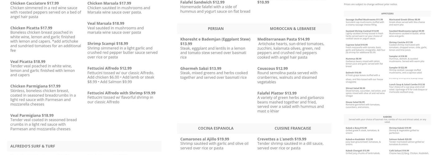 Alfredo's Mediterranean Grille and Steakhouse Menu