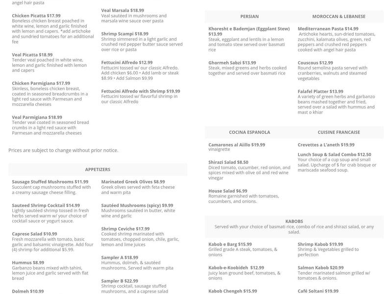 Alfredo's Mediterranean Grille and Steakhouse Menu