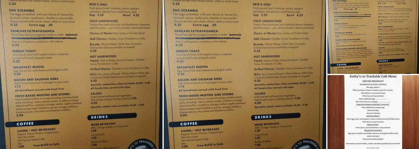 Kathy's 111 Trackside Cafe' Menu