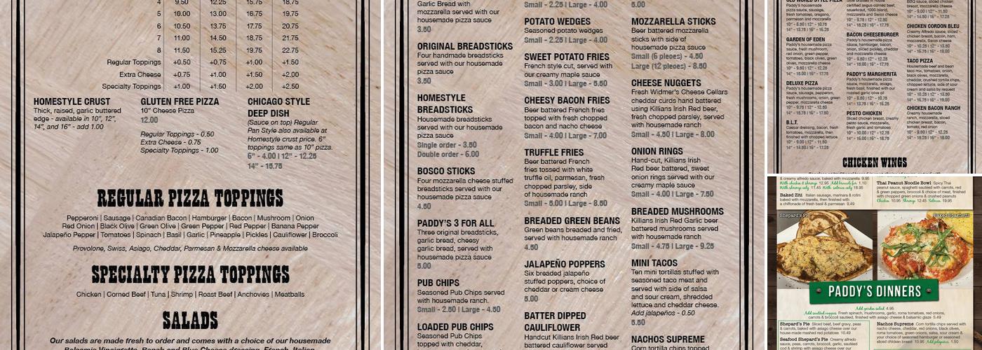 Paddy's Pizza Menu