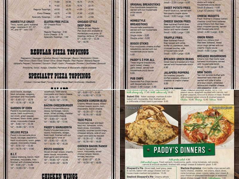 Paddy's Pizza Menu