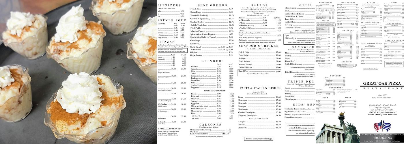 Great Oak Pizza Menu