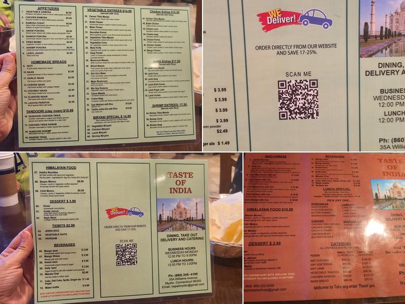 A Taste of India Menu