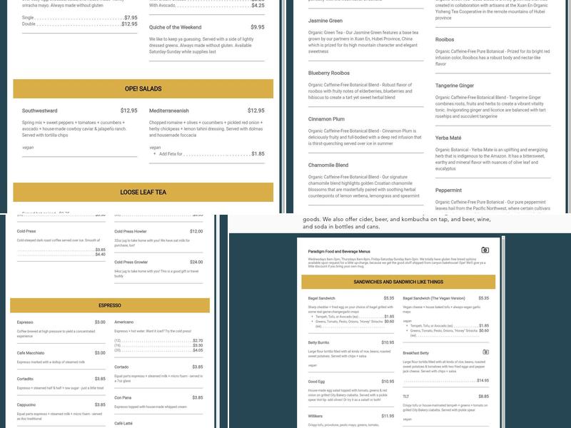 Paradigm Coffee and Music Menu