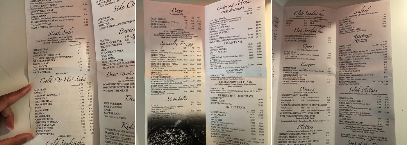Betsy Ross Pizza Rest Menu