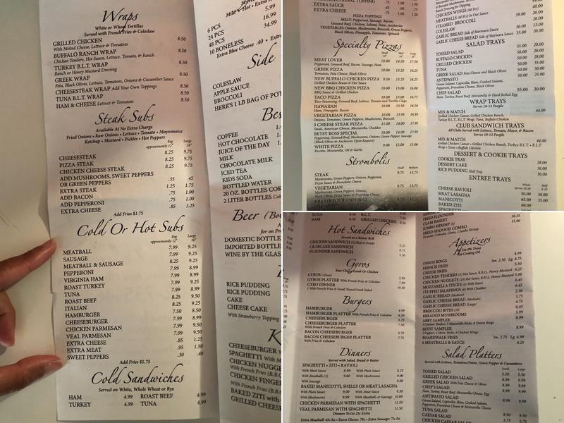 Betsy Ross Pizza Rest Menu