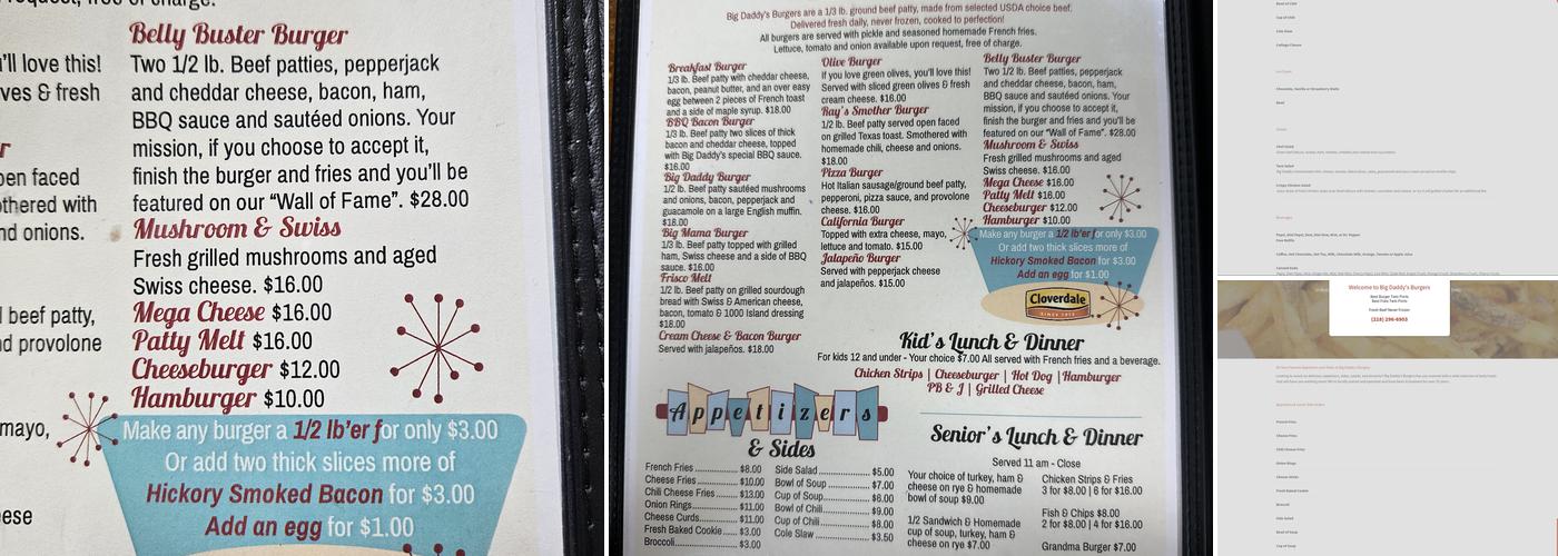Big Daddy's Burgers Menu