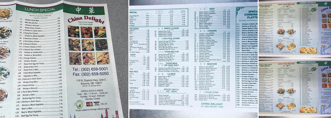 CHINA DELIGHT CHINESE FOOD Menu