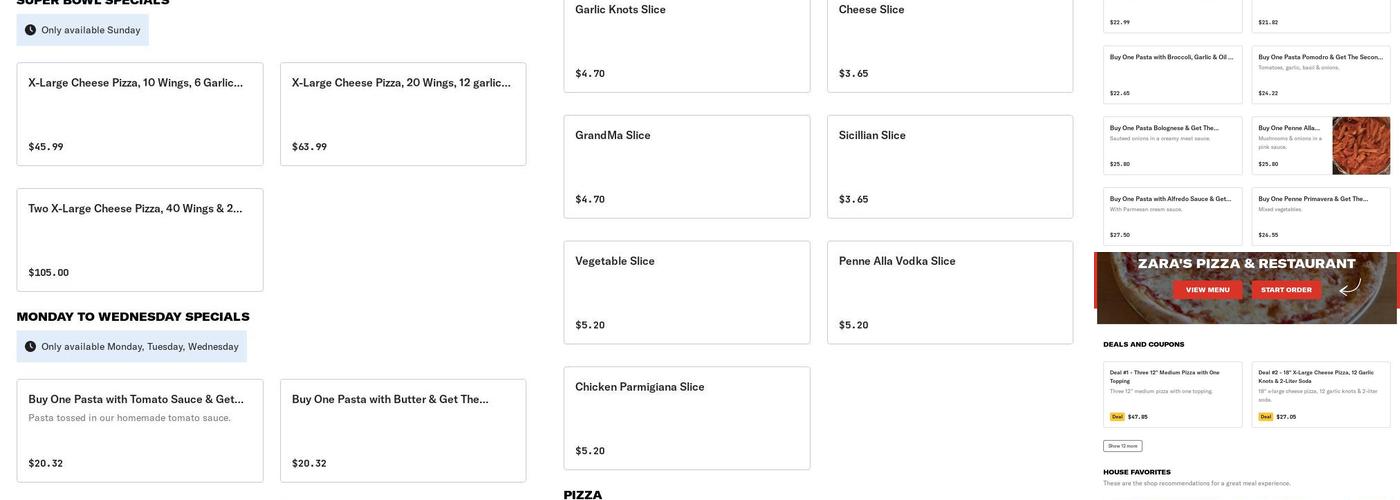 Zara Pizza Menu