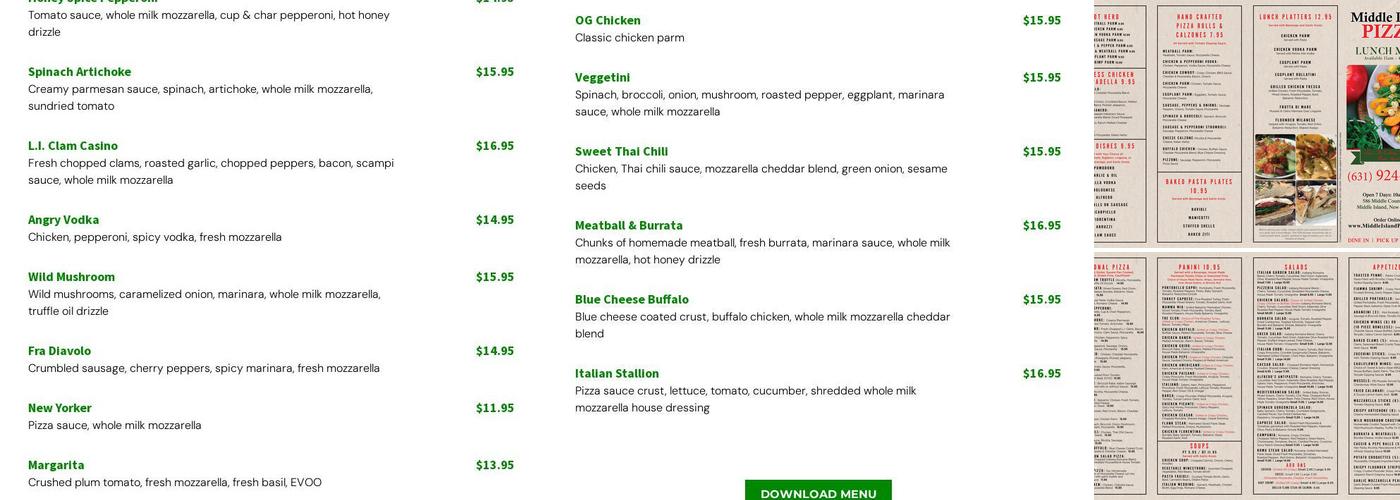 Middle Island Pizza Menu