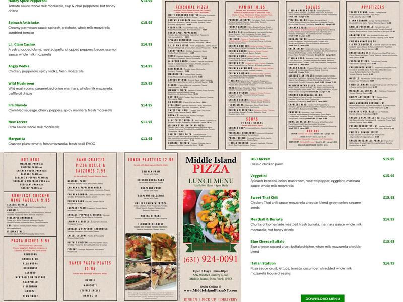 Middle Island Pizza Menu