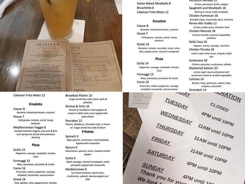 Oliviana Bar Italiano & Pizzeria Menu