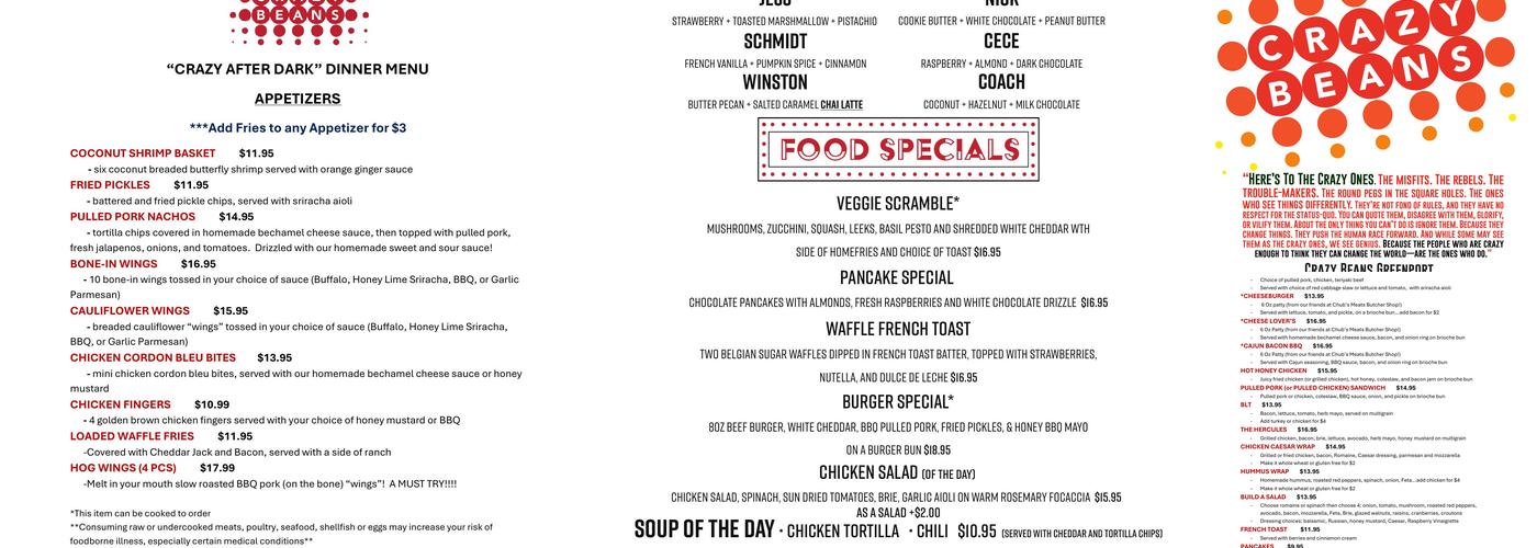 Crazy Beans Menu