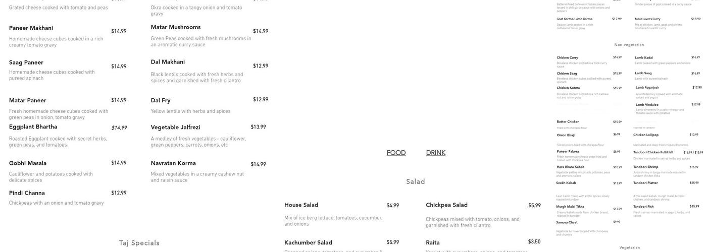 The Taj Of India Menu