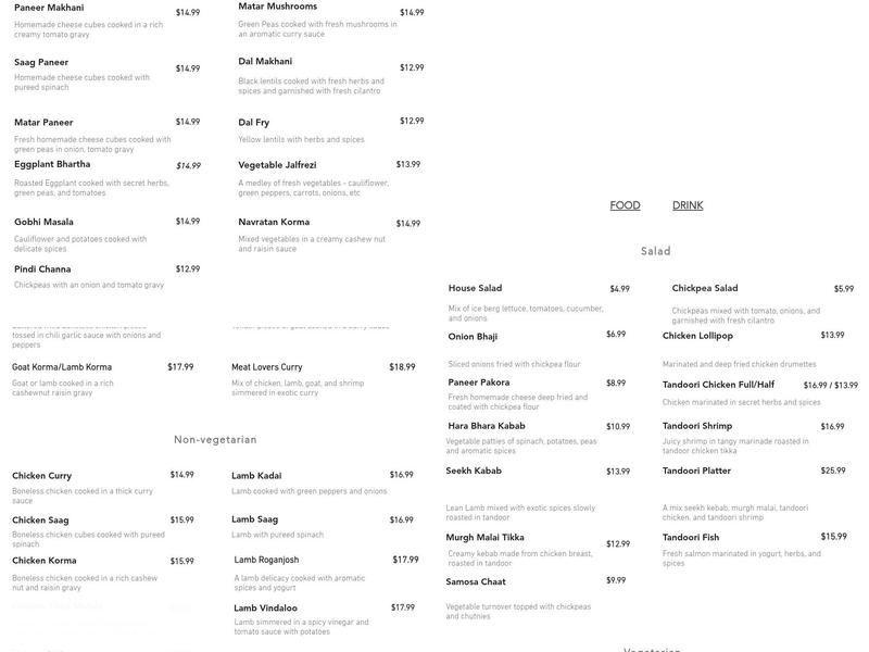 The Taj Of India Menu