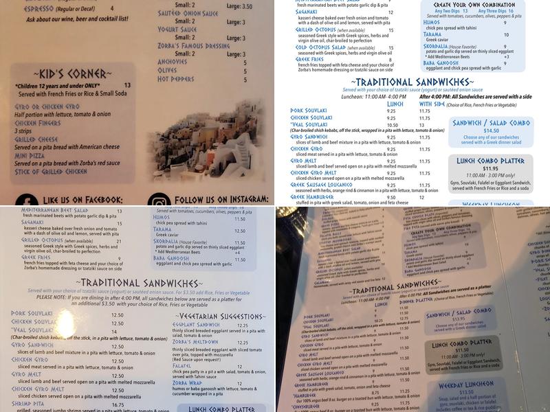 Zorba the Greek Menu