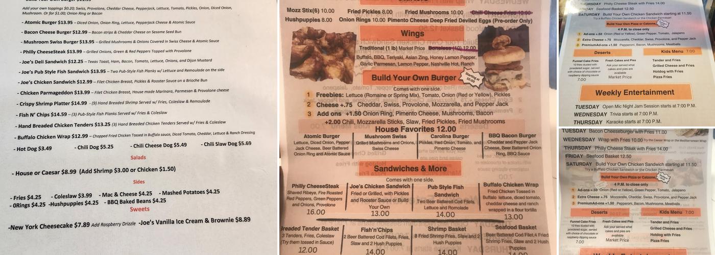 Joe's Bar and Grill Menu