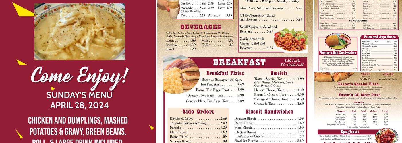Taster's Restaurant Menu