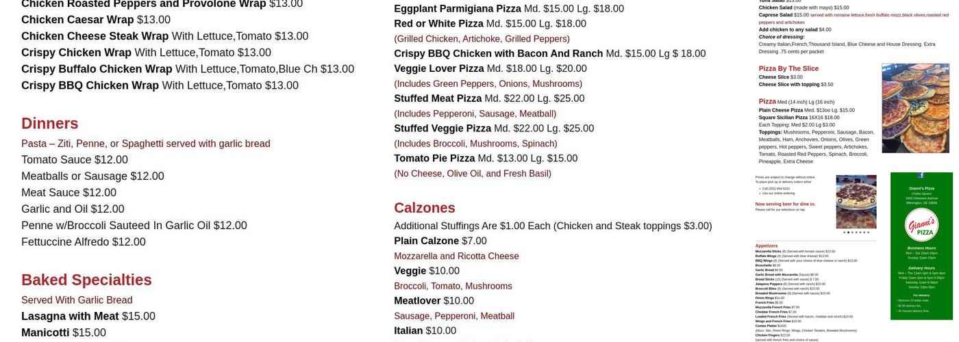 Gianni's Pizza Menu