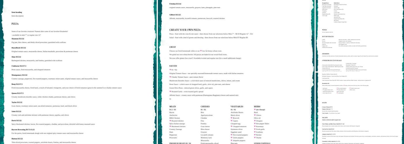 Pizza by Elizabeths Menu